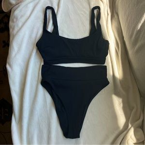 Aerie black ribbed high cut bikini bottom and banded wide strap scoop bikini top